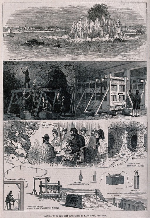The controlled explosion of an underwater mine to clear rocks in the East River between Harlem and the Bronx, New York. Wood engraving.