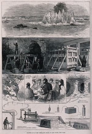 view The controlled explosion of an underwater mine to clear rocks in the East River between Harlem and the Bronx, New York. Wood engraving.