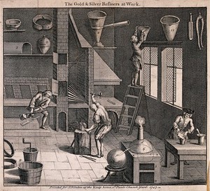 view The process of gold and silver refining. Engraving, 1747.