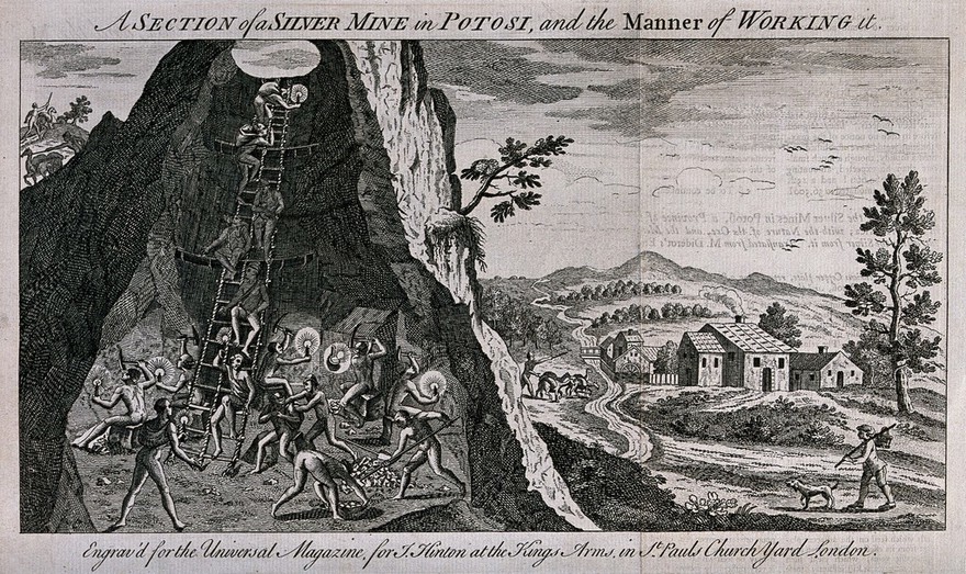 A silver mine in Potosí, Bolivia: cross-section and miners digging. Engraving, ca. 1750.