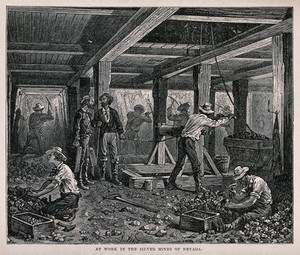 view A silver mine: miners digging. Wood engraving.