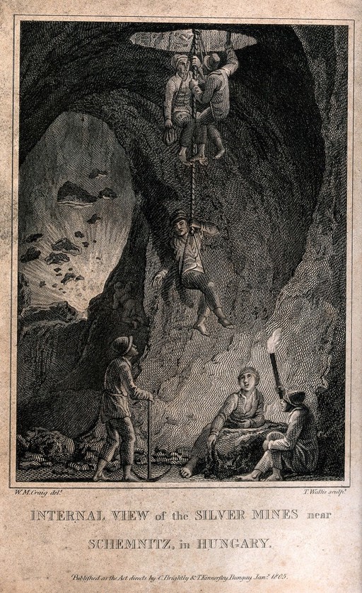 A silver mine and miners descending. Etching by T. Wallis, 1805, after W. Craig.