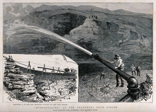 Mineral extraction: using water to expose gold-bearing rock at the Transvaal gold fields. Wood engraving.