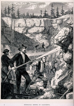 Gold mining: a man using a hose to wash away soil. Wood engraving.