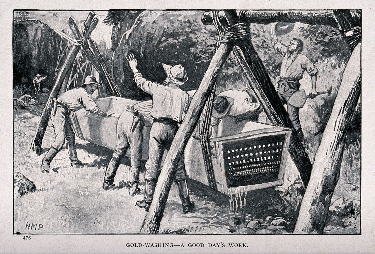 Gold prospectors constructing a long box with a filter for panning gold. Process print after H.M. Paget, 1899., 1899, by Henry Marriott Paget