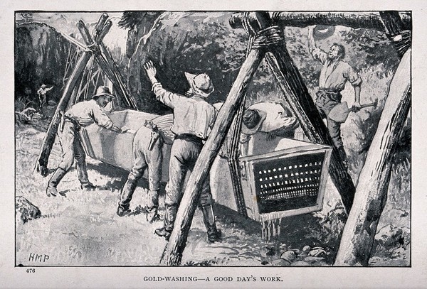 Gold prospectors constructing a long box with a filter for panning gold. Process print after H.M. Paget, 1899.