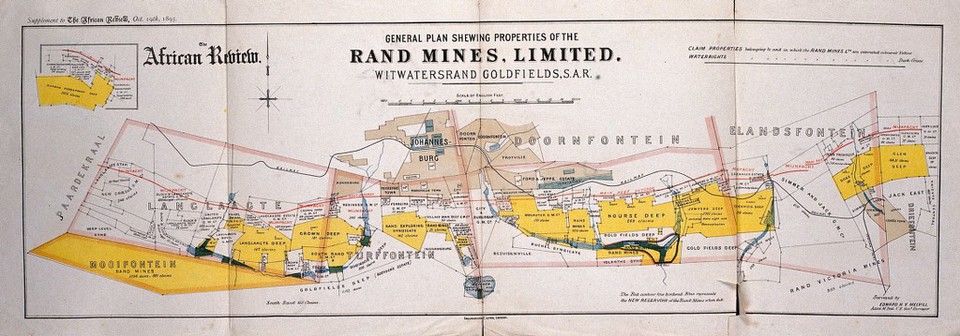 A map of Witwatersrand goldfield, South Africa, showing properties of the Rand Mines Limited. Chromolithograph after Edward H. V. Melvill.
