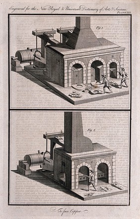 Sections of a furnace used in the processing of copper. Engraving.