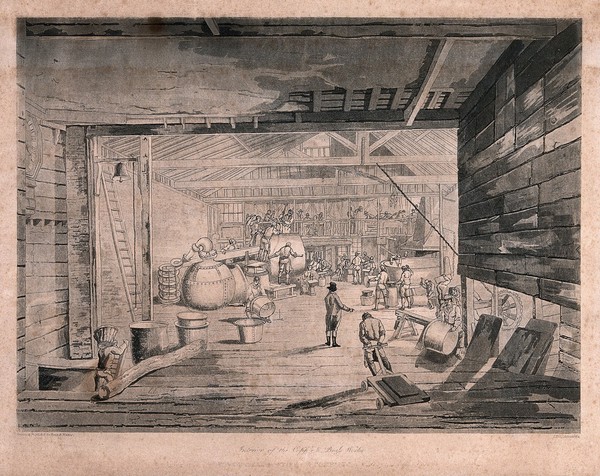 Metals: interior of a copper and brass works. Aquatint by J. Hill after Pyne & Nattes.