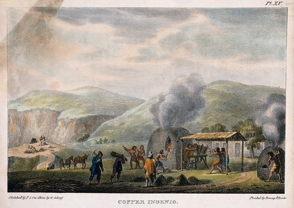 Processing of copper in Chile. Lithograph by G. Scharf, 1824, after P. Schmidtmeyer.