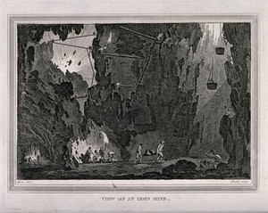 view An iron mine and miners working. Etching by J. Heath, 1813, after C.M. Metz.