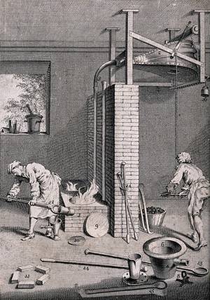 view A furnace used in the processing of iron. Engraving.