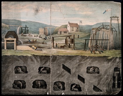 A coal mine: miners at work above and below ground. Coloured lithograph.