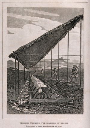 view African workers washing for diamonds in Brazil. Etching after T. Webster after J. Mawe, 1815.