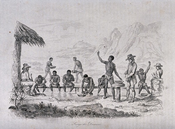 Diamantina, Minas Gerais, Brazil: workers washing for diamonds, supervised by 'feitores' (inspectors). Etching by A. Boilly after J. Boilly, 1836.