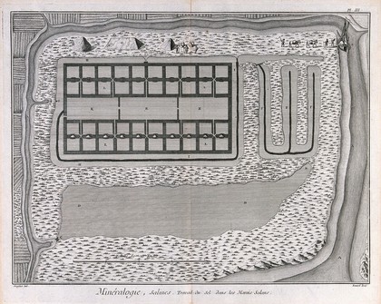 Plan of a salt-marsh and the workers. Etching by Bénard after L.J. Goussier.