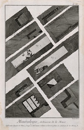 Plan and sections of a slate quarry. Etching by Bénard.