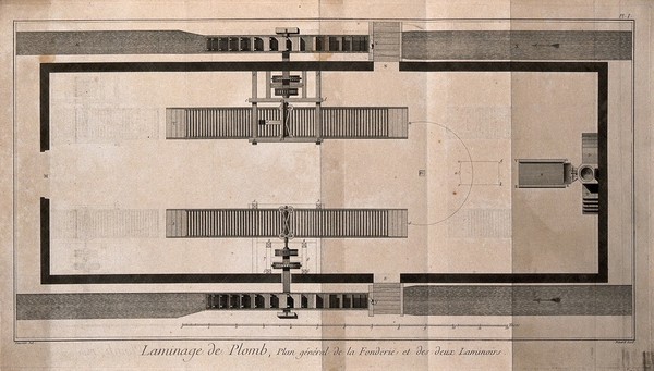 General plan of a lead foundry. Etching by Bénard after L.J. Goussier.