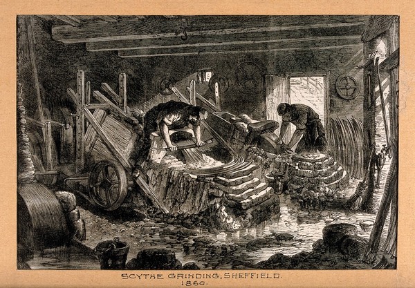 Men grinding scythes in Sheffield. Wood engraving by M. Jackson, 1866, after J. Palmer, 1865.