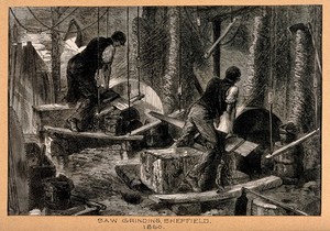 view Men grinding saws in Sheffield. Wood engraving by M. Jackson after J. Palmer, 1866.