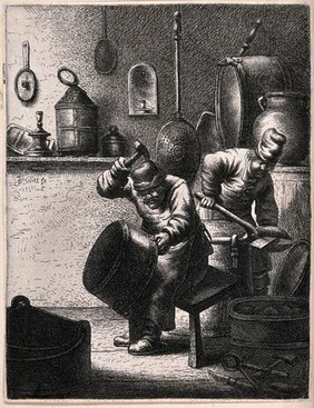 Iron forging: interior view, beating and cutting of iron containers with various tools of the trade. Etching after G. Juliet.