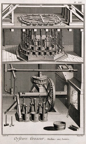 view Process of washing silver and machinery used. Etching by Bénard after Lucotte.