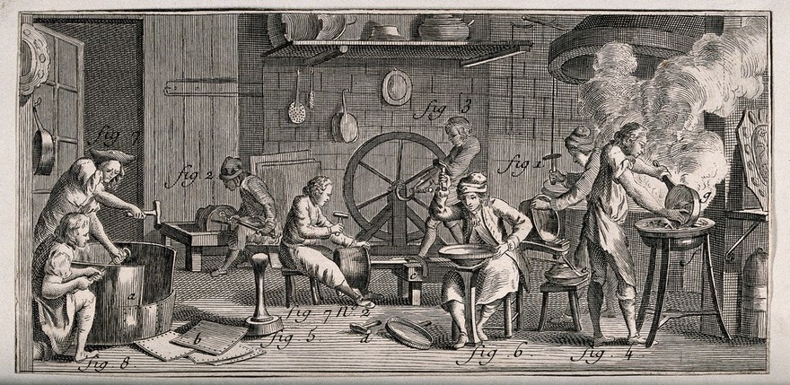 Metals: interior view of a brass foundry, and manufacture of brass products. Etching.