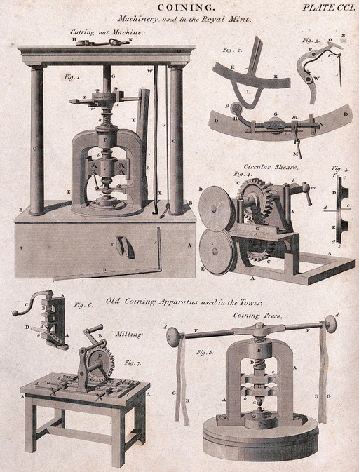 Coinage: various machinery used in the Royal Mint. Engraving.