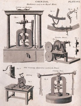 Coinage: machinery used in the Royal Mint. Engraving.