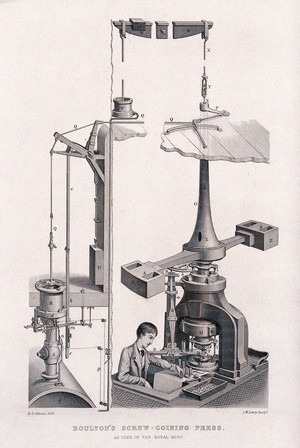 view Coinage: elevation of a coin press. Engraving by J. W. Lowry after E. S. Gibson.