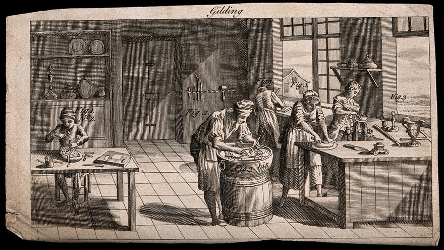 A gilder's workshop: people gilding articles with gold leaf. Engraving.