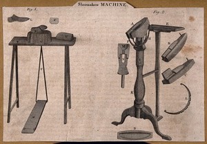 view Shoemakers: machinery used in the making of shoes. Engraving.