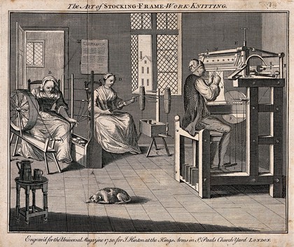 Spinners and stocking makers: interior view, a spinning wheel and a stocking machine. Engraving.