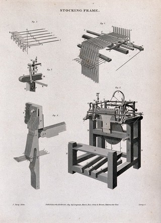 Elevation of a stocking machine and various details of its components. Engraving by Lowry after J. Farey.