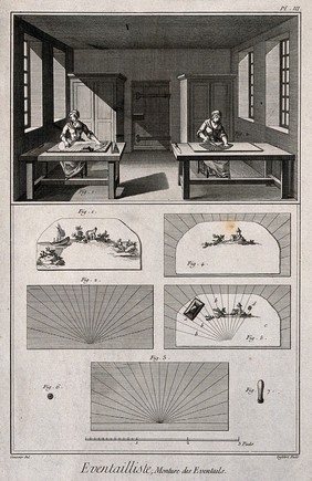 Fan makers: two women making brisé 'broken' type fans, and stages in the process of fan making. Etching by Defehrt after L.J. Goussier.