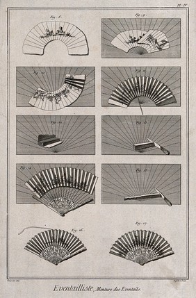 Fan makers: various stages in the process of fan making and instruments used. Etching by Defehrt after L.J. Goussier.