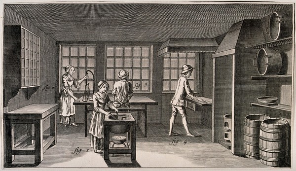 Manufacture of sealing wax. Etching by B.L. Prévvost after L.J. Goussier.