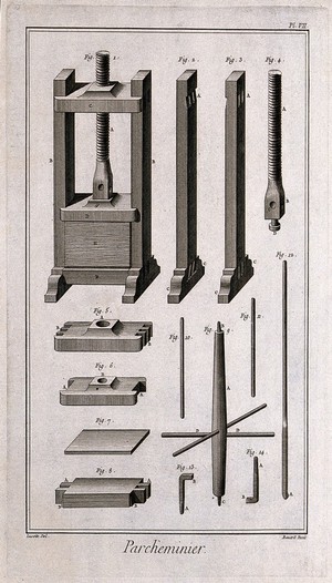 view Implements with various components used in the making of parchments. Etching by Bénard after Lucotte.