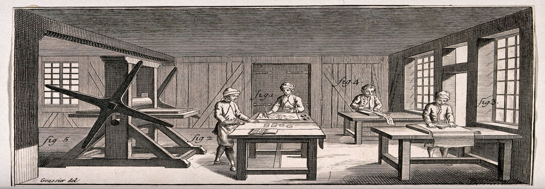 A printer's workshop: on the left a printing press, on the right and centre workmen engaged in various tasks, the scene numbered for a key. Engraving after L.J. Goussier.