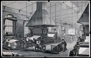 view Papeterie Darblay, Essonne,  Ile de France: mechanized, shaft-driven paper-making machines attended by workmen. Wood engraving by H. Linton, 1859, after E. Bourdelin.