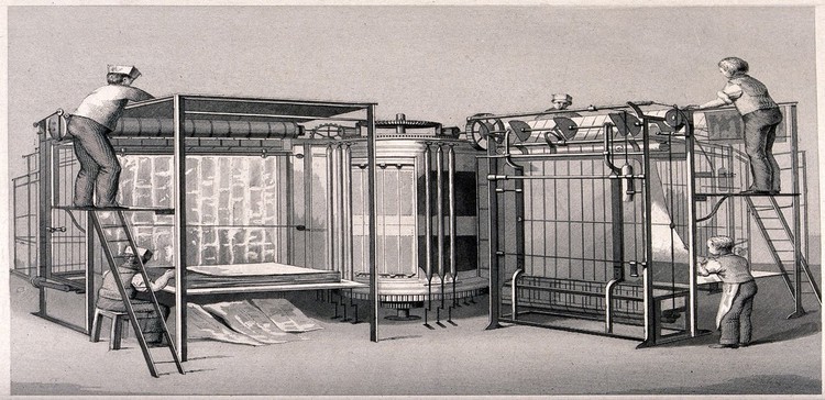 A rotary lithographic [?] printing machine, tended by workmen, some wearing paper hats. Engraving.