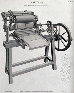 Printing: a three-quarter view of a press made by Bacon & Donkins, with a detail of the eccentric gearing. Engraving by W. Lowry after J. Farey, 1819.