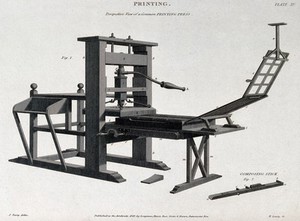 view Printing: a three-quarter view of a press. Engraving by W. Lowry after J. Farey, 1819.