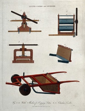 view A letter-copying machine, and a device for levelling ground. Coloured engraving by J. Pass, 1813.