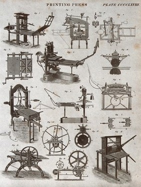 Many types of printing press, with details of their mechanisms. Engraving by W. H. Lizars after himself, 1830.