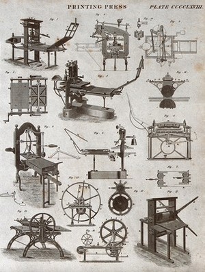 view Many types of printing press, with details of their mechanisms. Engraving by W. H. Lizars after himself, 1830.