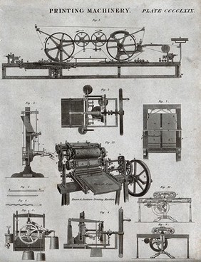 Many types of printing machine, with details of their mechanisms. Engraving by W. H. Lizars after himself, 1830.