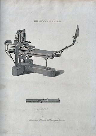 Printing: a three-quarter view of a press, with a composing stick beneath. Engraving, 1813.