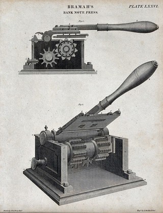 Printing: section and three-quarter view of the Bramah numerator press for banknote production. Engraving by J. Moffat after J. Farey.