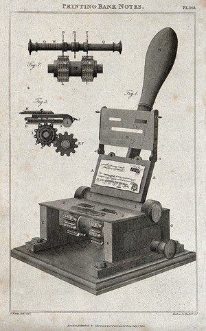 view Printing: three-quarter view and details of the Bramah numerator press for banknote production. Engraving by Mutlow after J. Farey.